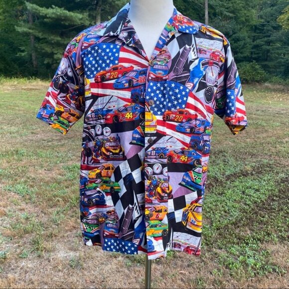MAX BOXXER SHIRT HAWAIIAN CASUAL BUTTON DOWN RACE CARS AMERICANA SIZE L - Picture 1 of 10